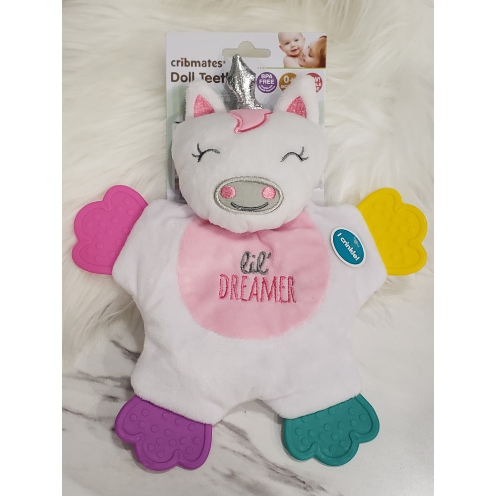 NEW Cribmates UNICORN Doll Teether Toy Sensory Sound Baby Lovey Shower Gift